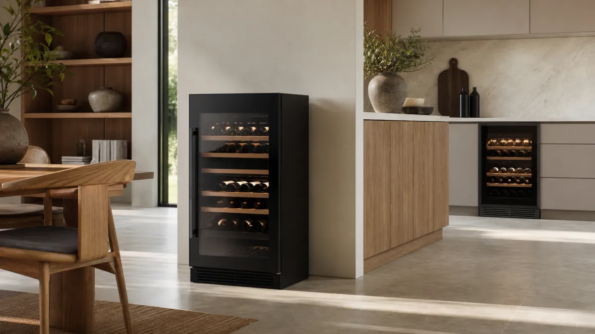 Freestanding wine fridge with open clearance beside a kitchen and a front-venting under-counter wine fridge in cabinetry