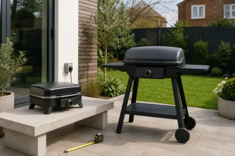 Compact and full-size electric BBQs on a UK patio beside a tape measure