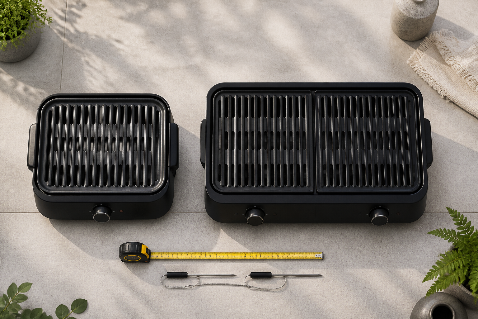 Compact single-zone and larger dual-zone electric BBQ cooking surfaces viewed from above