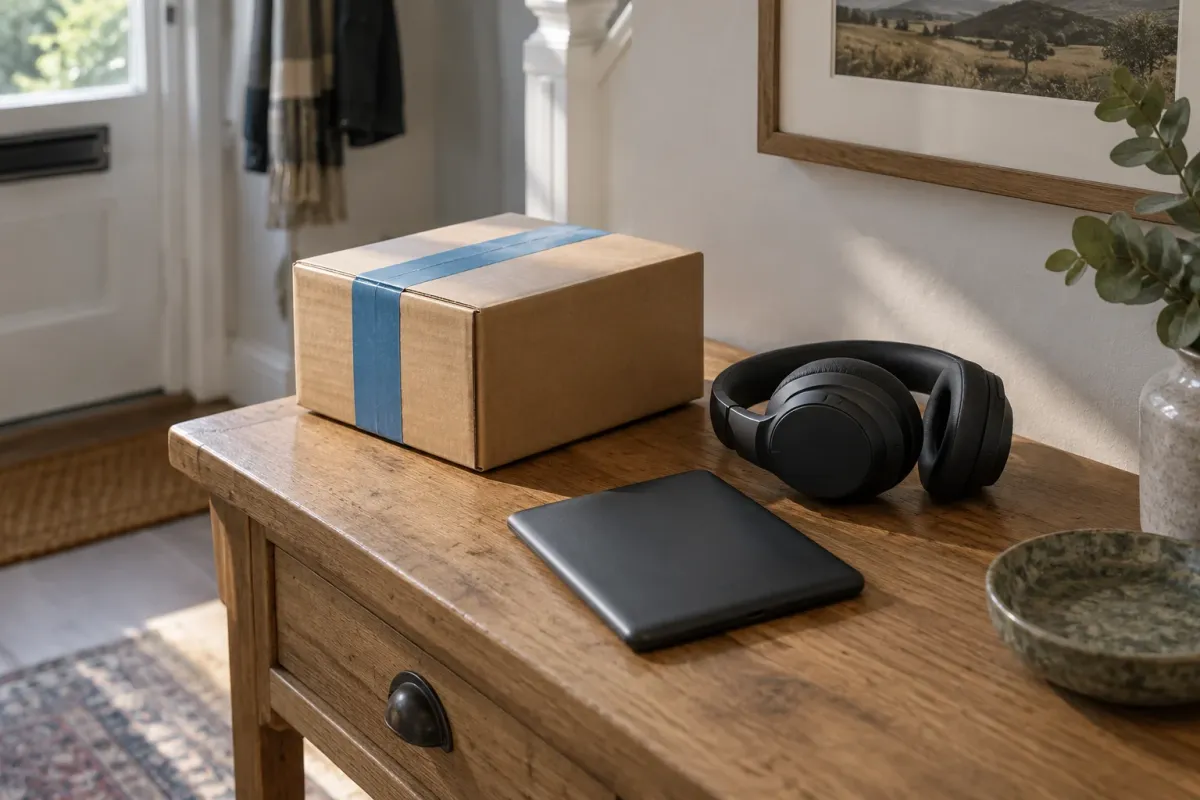 A delivery parcel, headphones and e-reader on a wooden hallway console