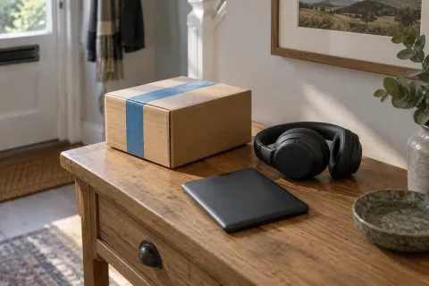 A delivery parcel, headphones and e-reader on a wooden hallway console