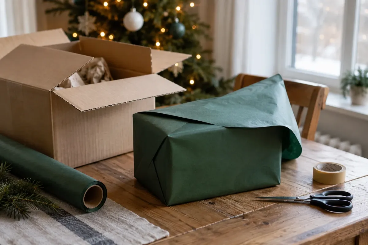An opened delivery parcel and a partly wrapped green gift beside scissors and paper tape