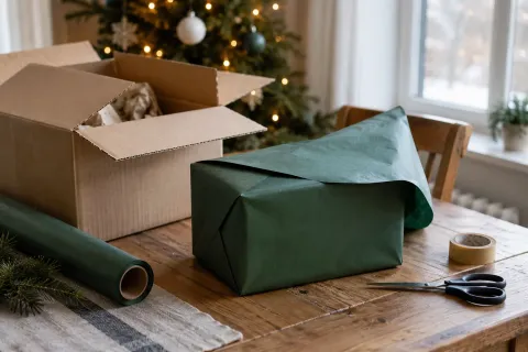 An opened delivery parcel and a partly wrapped green gift beside scissors and paper tape