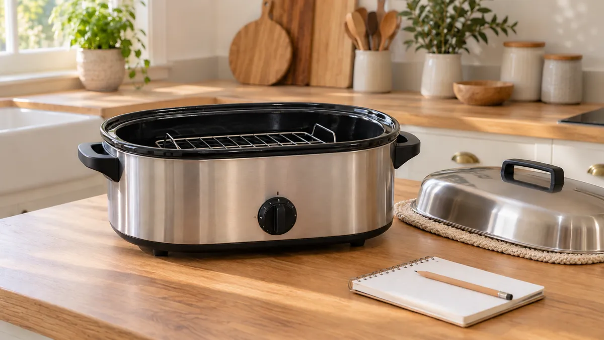 An unplugged oval electric roaster with its lid and removable cooking rack on a kitchen worktop