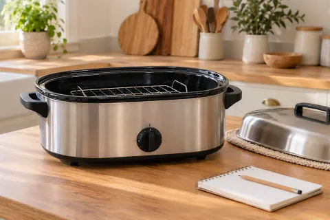 An unplugged oval electric roaster with its lid and removable cooking rack on a kitchen worktop