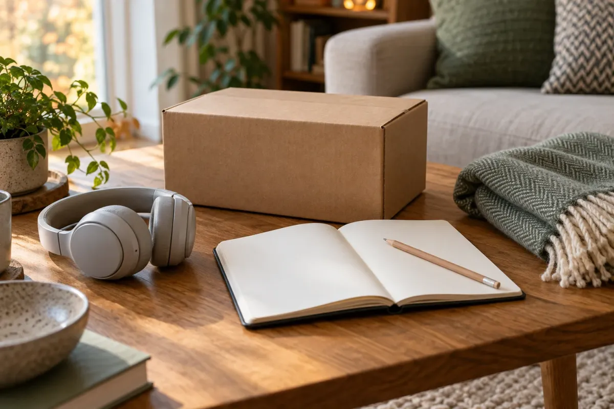 A delivery parcel, headphones and open notebook on a wooden table beside a wool throw