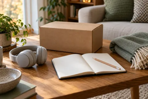 A delivery parcel, headphones and open notebook on a wooden table beside a wool throw