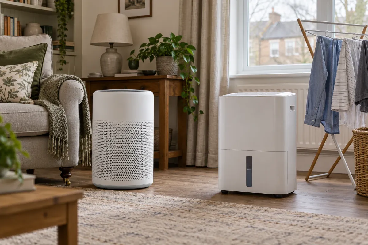 An air purifier near an armchair and a dehumidifier beside a clothes airer in a home