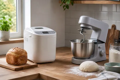 Breadmaker and stand mixer on a kitchen worktop with a loaf, dough and baking ingredients