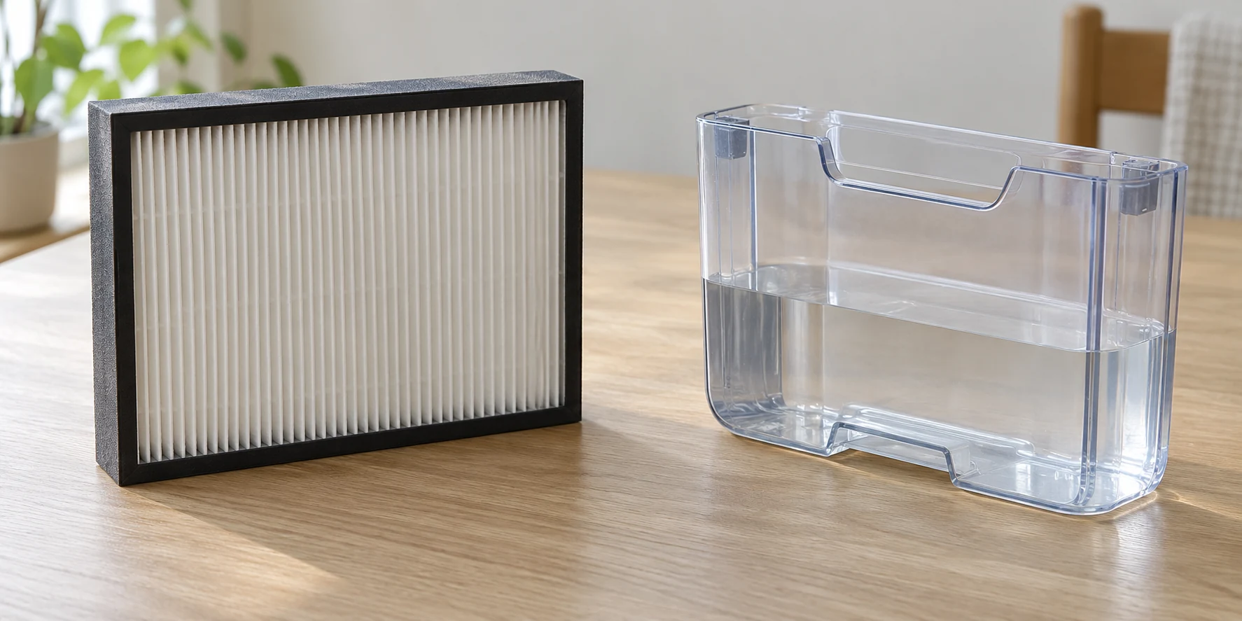 A pleated air filter beside a dehumidifier collection tank containing water