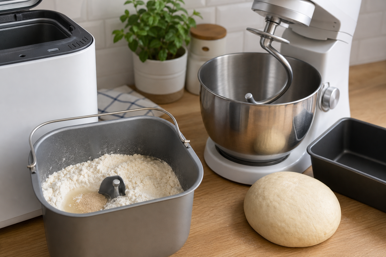 Breadmaker pan with flour and yeast beside a stand mixer bowl, dough hook, dough ball and loaf tin