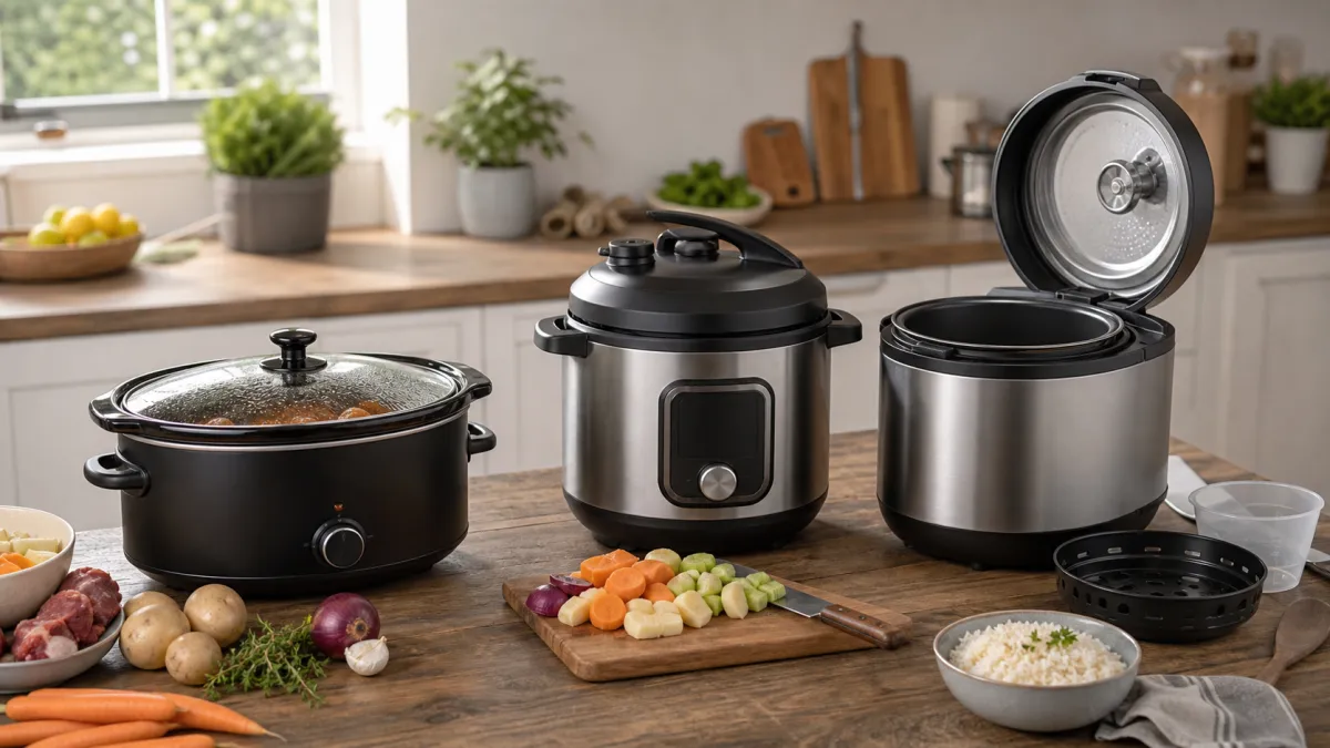 Slow cooker, electric pressure cooker and multi-cooker on a kitchen worktop with vegetables and rice