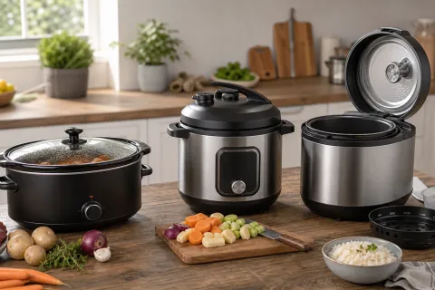 Slow cooker, electric pressure cooker and multi-cooker on a kitchen worktop with vegetables and rice
