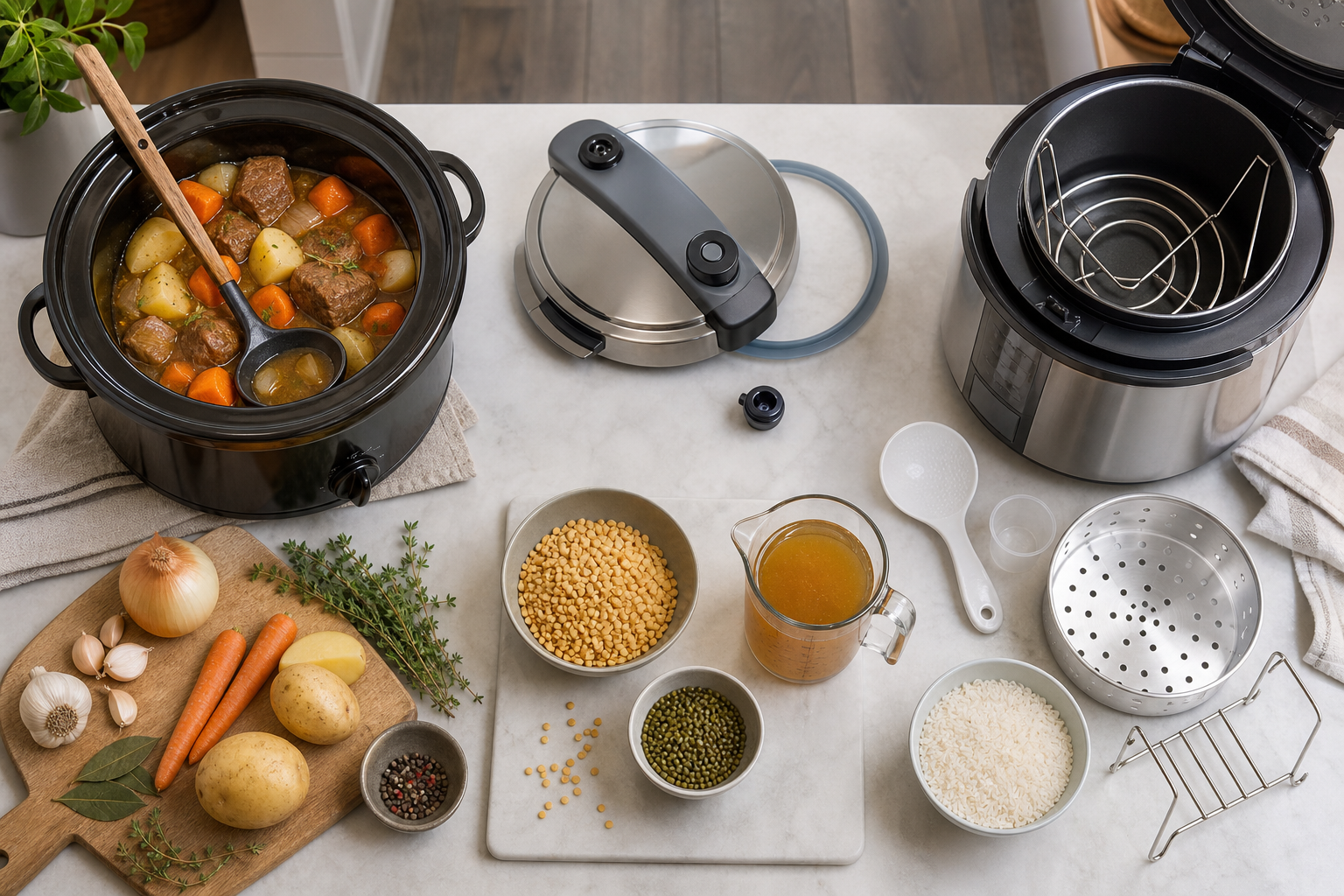 Slow-cooker stew, pressure cooker lid and multi-cooker accessories arranged on a kitchen worktop
