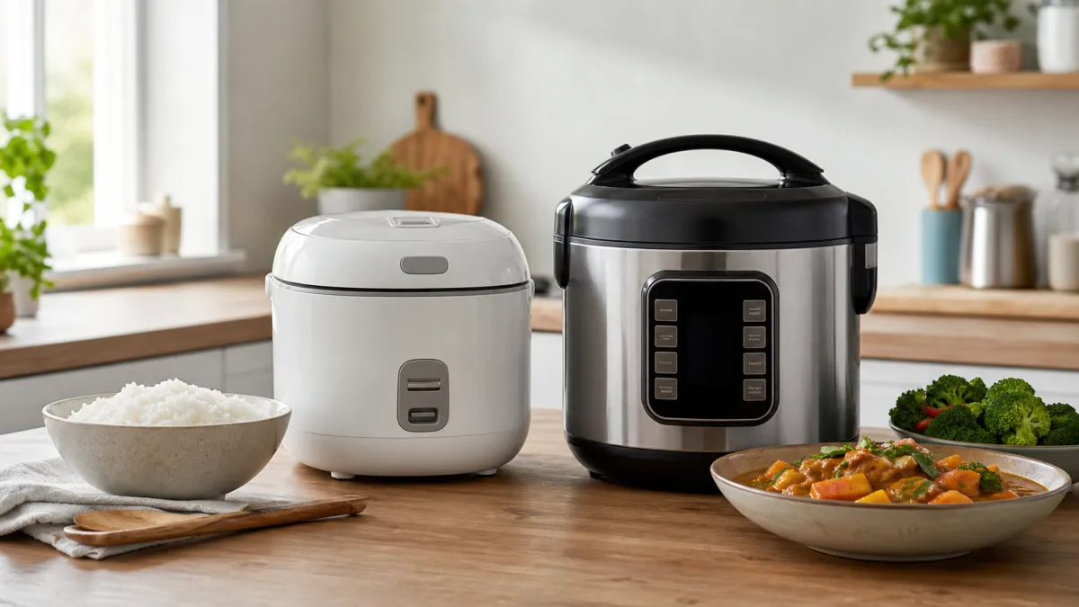 Rice cooker and electric multi-cooker on a kitchen worktop with cooked rice, vegetables and a one-pot meal
