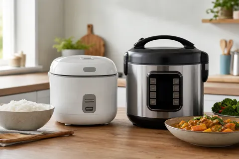 Rice cooker and electric multi-cooker on a kitchen worktop with cooked rice, vegetables and a one-pot meal