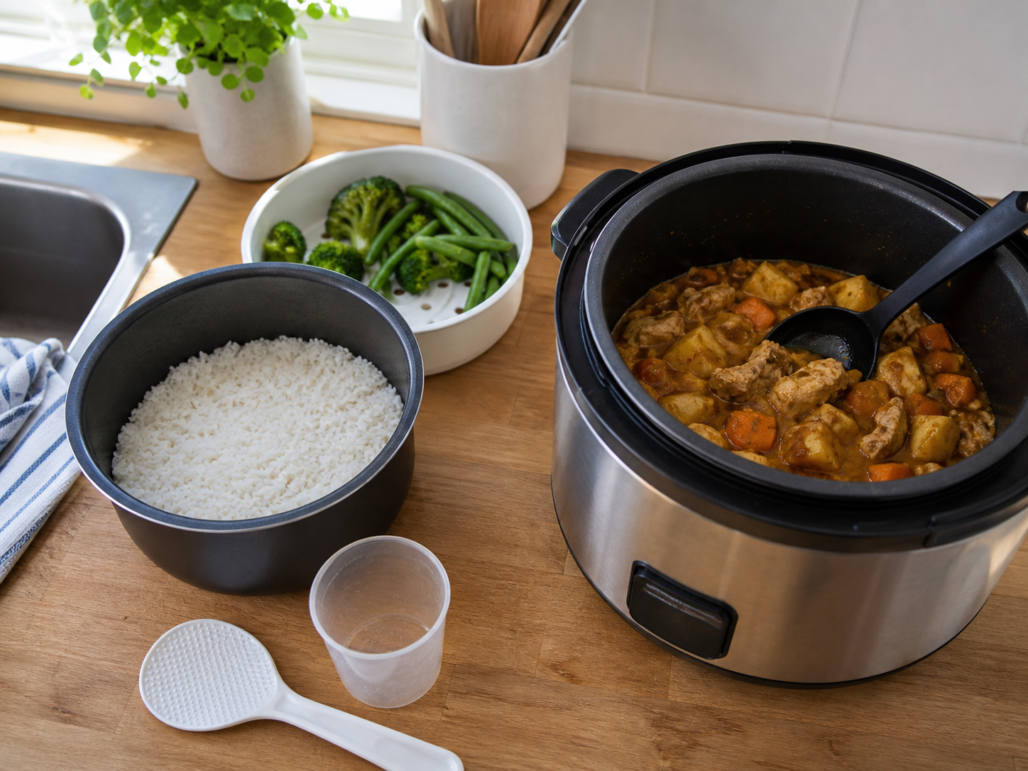 Cooked rice, steamed vegetables and a multi-cooker one-pot meal on a kitchen worktop