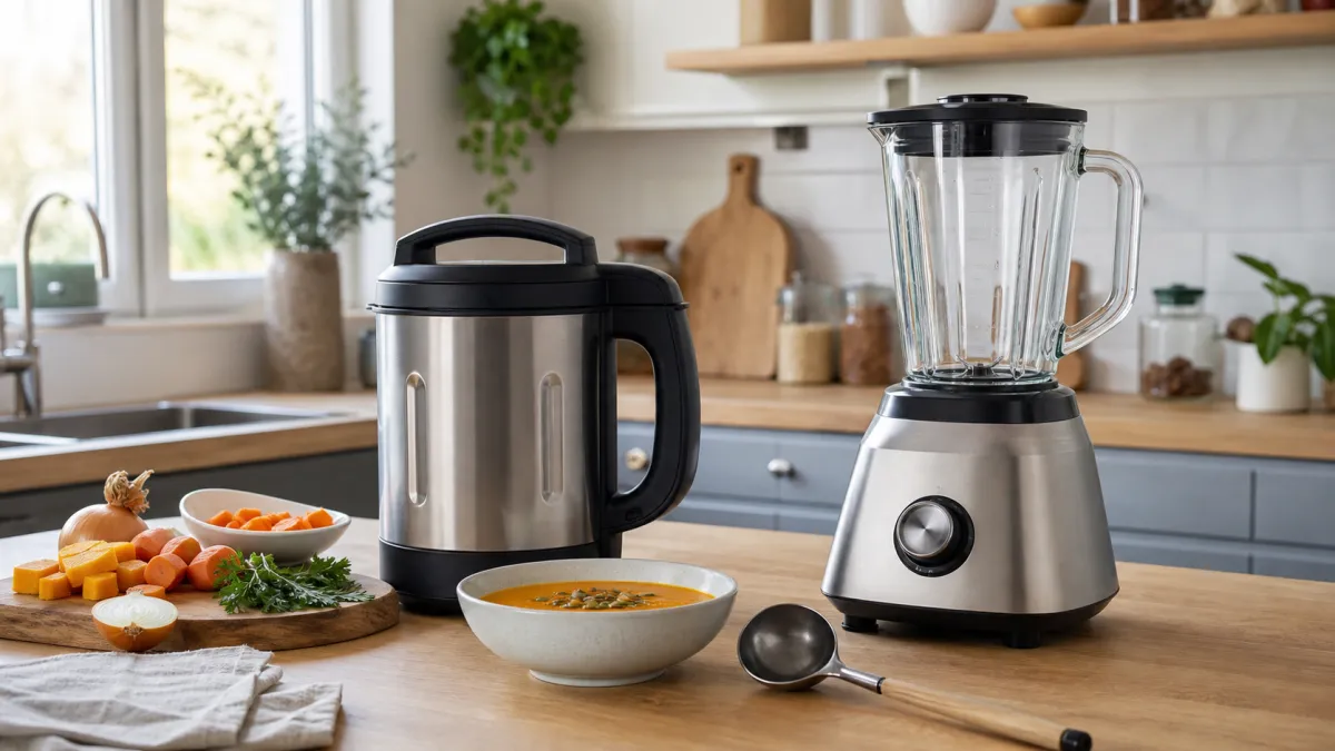 Soup maker and jug blender on a kitchen worktop with chopped vegetables and a bowl of soup