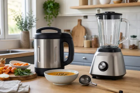 Soup maker and jug blender on a kitchen worktop with chopped vegetables and a bowl of soup