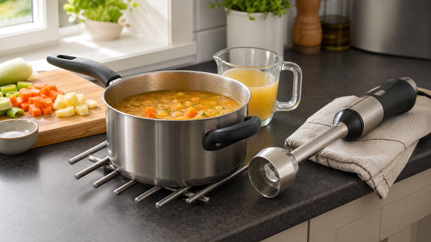 Saucepan of vegetable soup beside a hand blender on a kitchen worktop