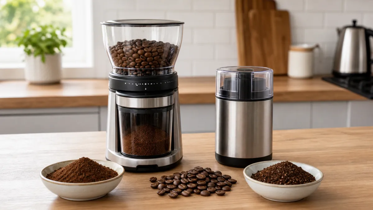 Burr grinder and compact blade coffee grinder on a kitchen worktop with bowls of ground coffee