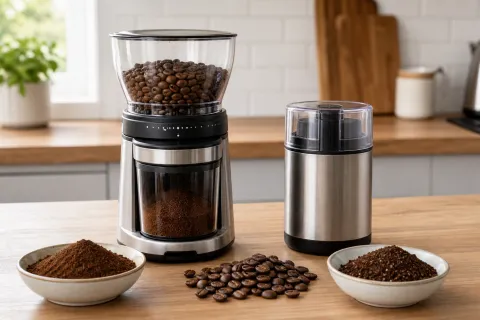 Burr grinder and compact blade coffee grinder on a kitchen worktop with bowls of ground coffee