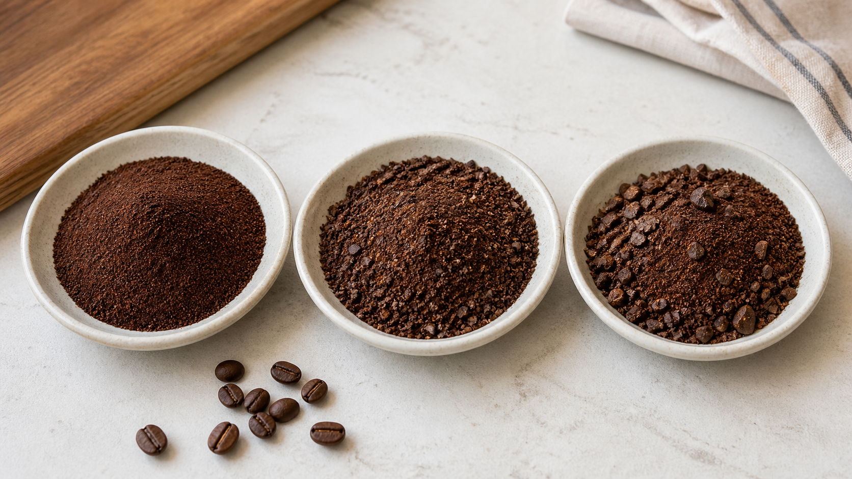 Three bowls of coffee grounds showing fine, coarse and mixed particle sizes