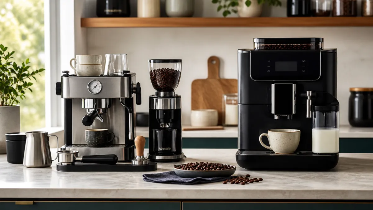 Manual espresso setup and bean-to-cup coffee machine on a kitchen worktop