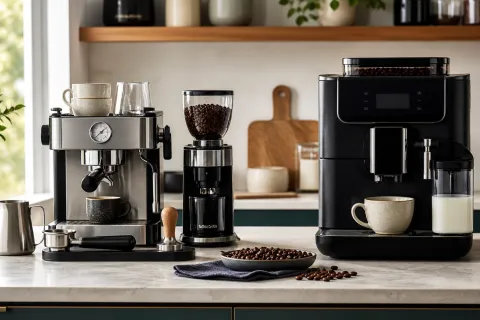 Manual espresso setup and bean-to-cup coffee machine on a kitchen worktop