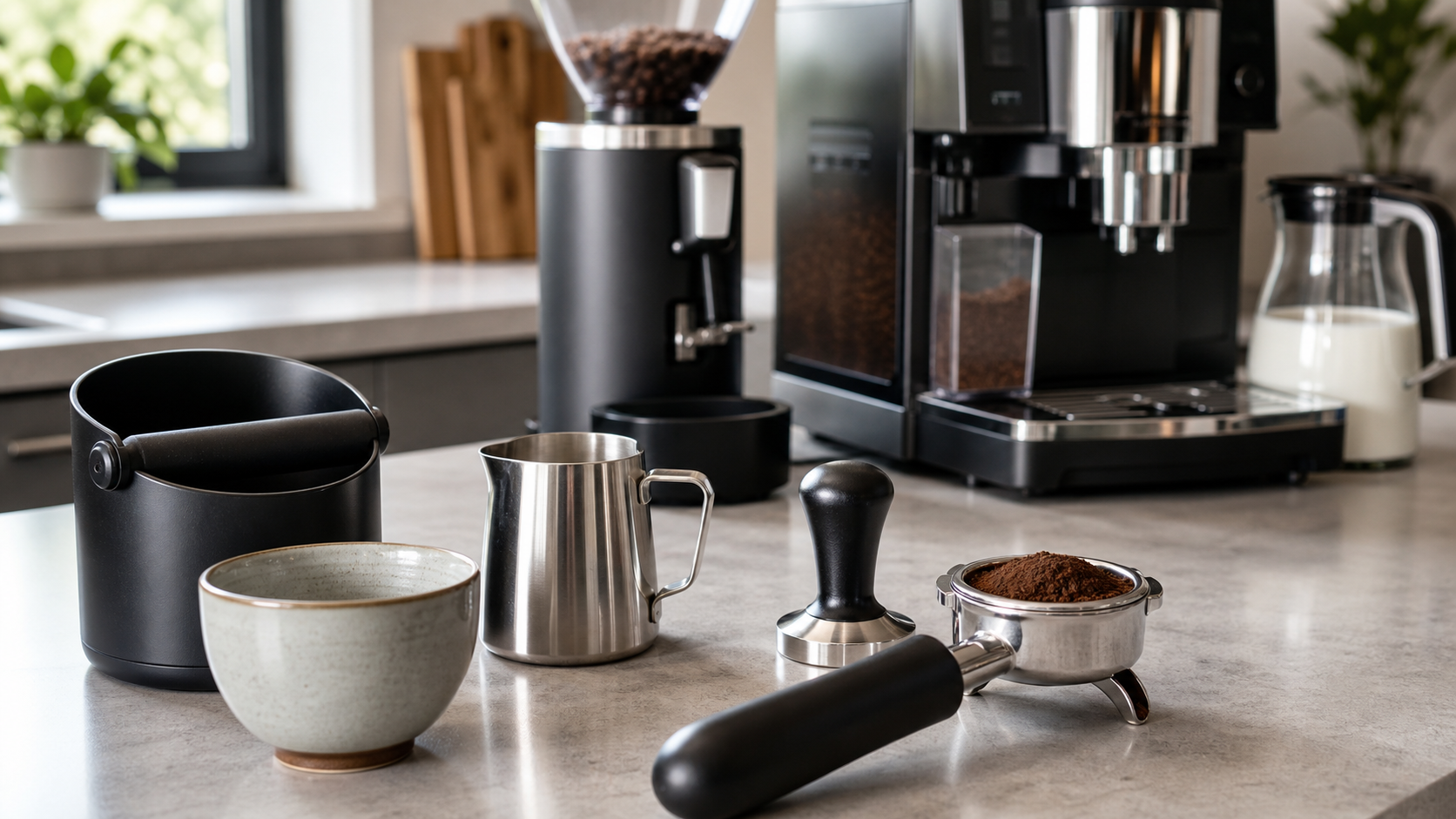 Manual espresso tools on a worktop with a bean-to-cup coffee machine in the background