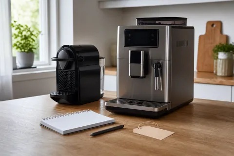 A pod coffee machine and a bean-to-cup coffee machine on a kitchen worktop with a notebook and blank price tag