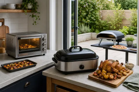 Mini oven and electric roaster in a kitchen with a pizza oven positioned outside on a patio