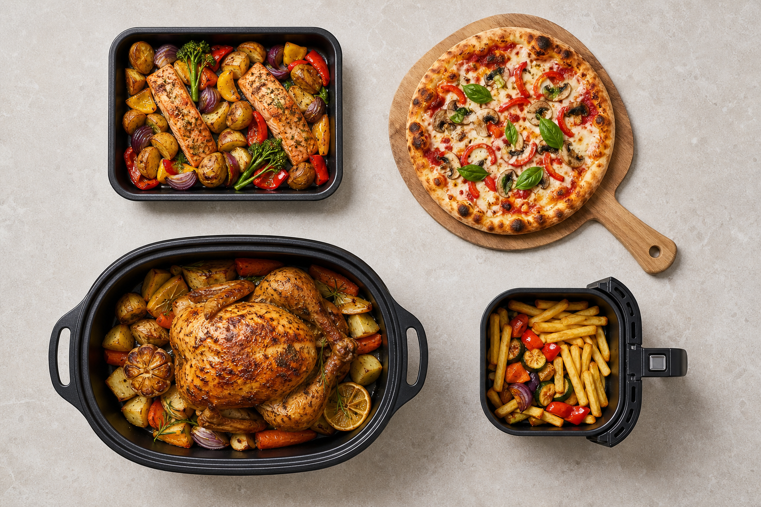 Oven tray, pizza peel, deep roaster pan and air fryer basket holding different meals