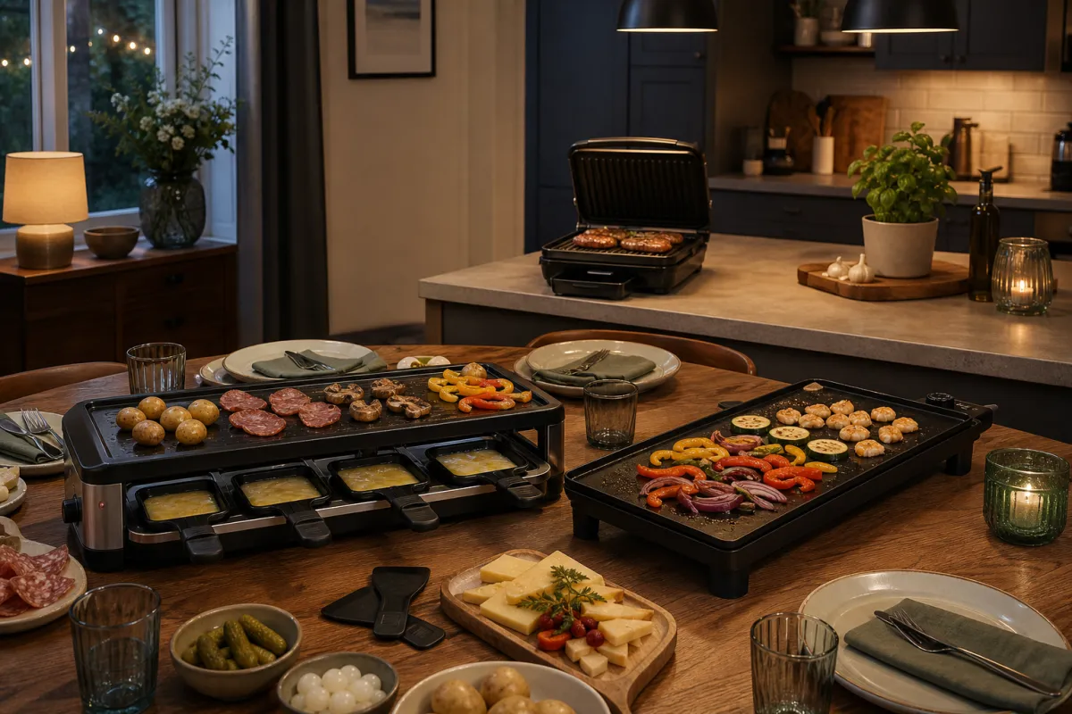 Raclette grill, flat teppanyaki plate and compact indoor grill arranged for an evening meal