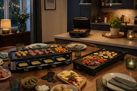 Raclette grill, flat teppanyaki plate and compact indoor grill arranged for an evening meal