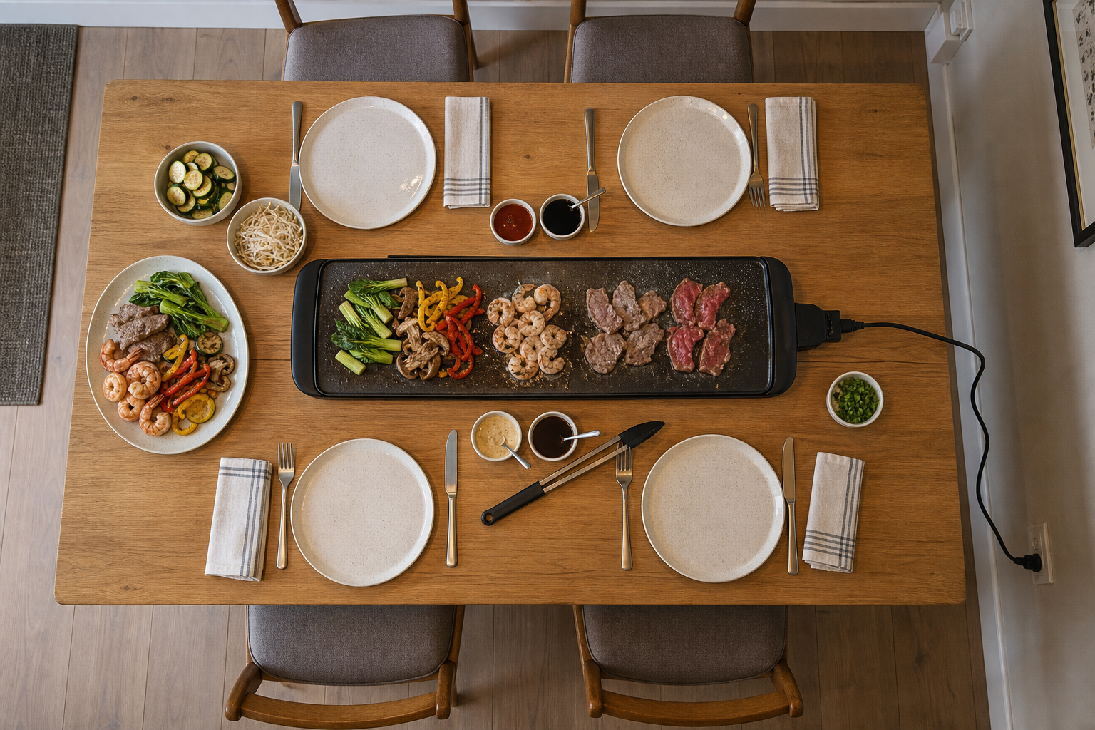 Four-place dining table with a long tabletop grill, serving bowls, utensils and a safely routed power cable