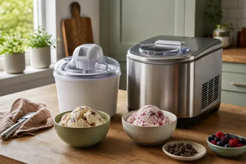 Freezer-bowl and compressor ice cream makers with freshly churned homemade desserts on a kitchen worktop