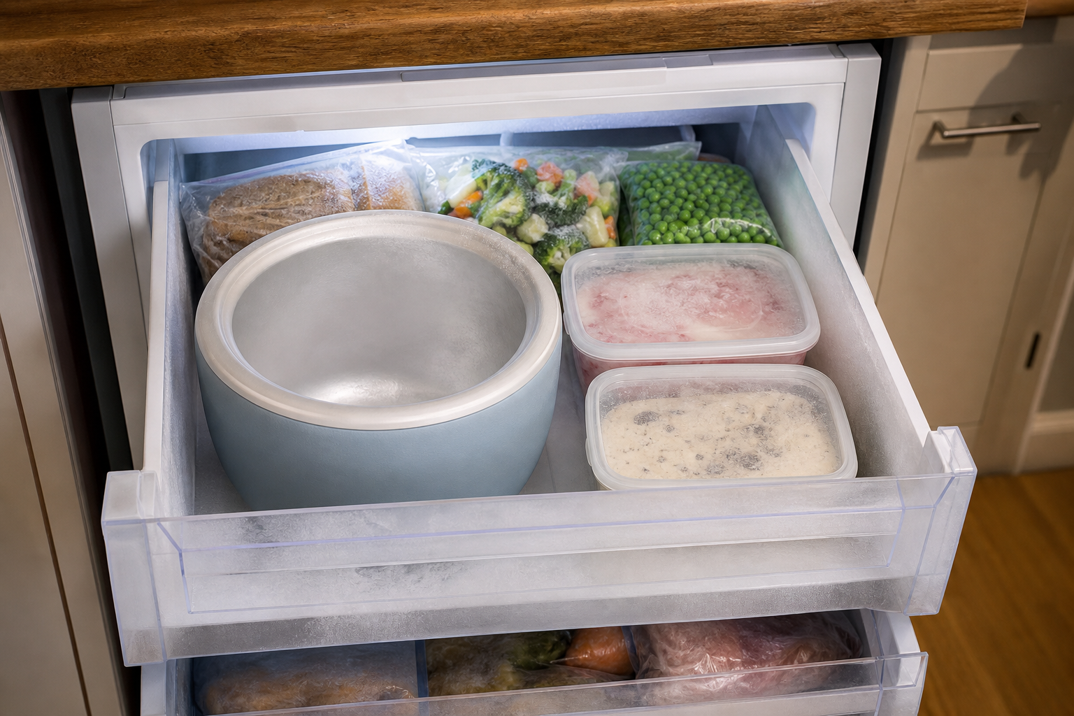 Ice cream maker freezer bowl and airtight dessert containers arranged inside a domestic freezer