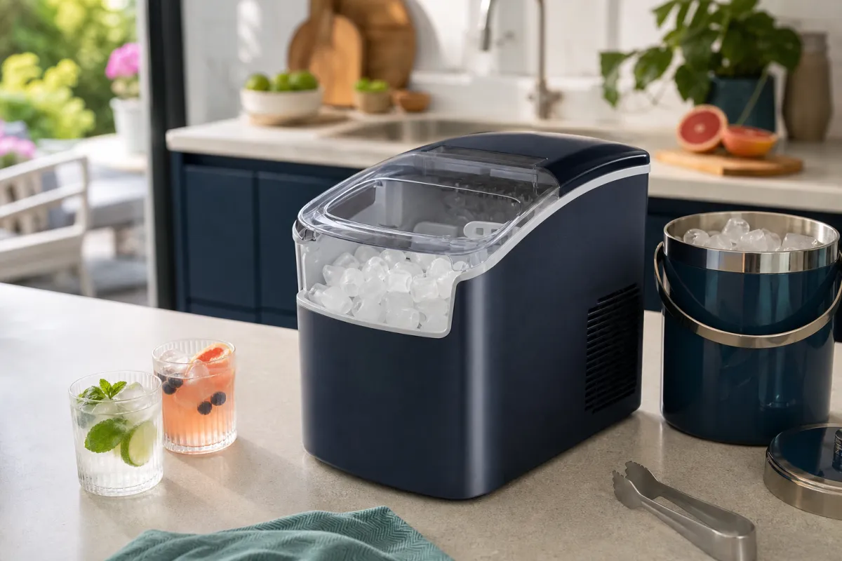 Compact countertop ice maker beside cold drinks and an ice bucket on a kitchen worktop