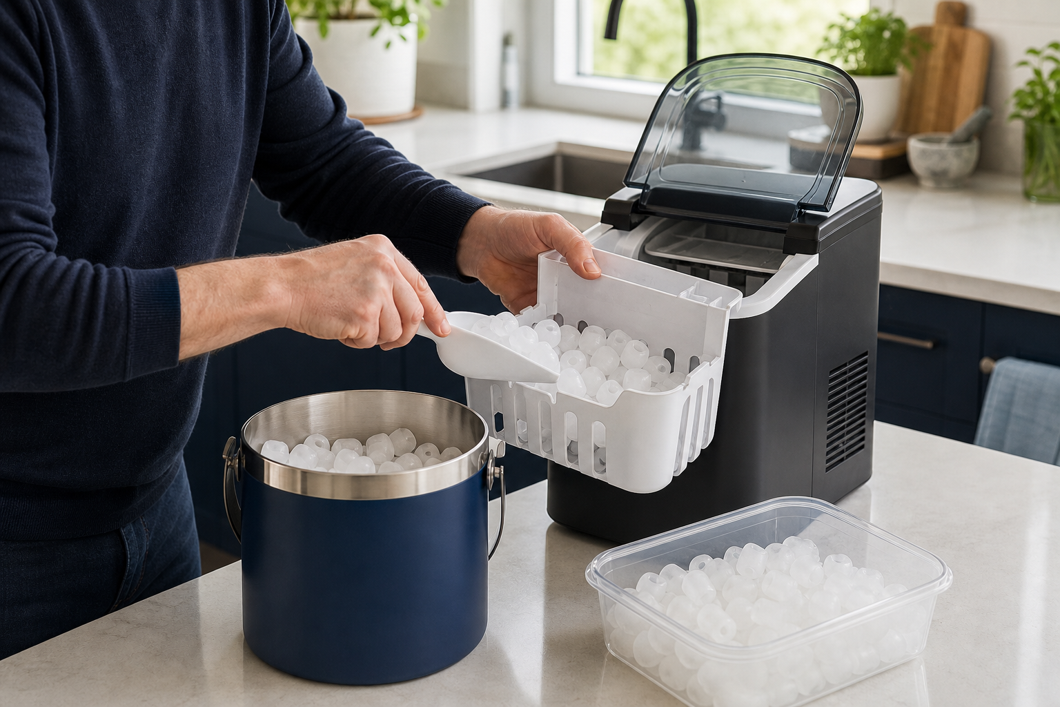 Fresh bullet ice being transferred from a countertop ice maker into an insulated ice bucket