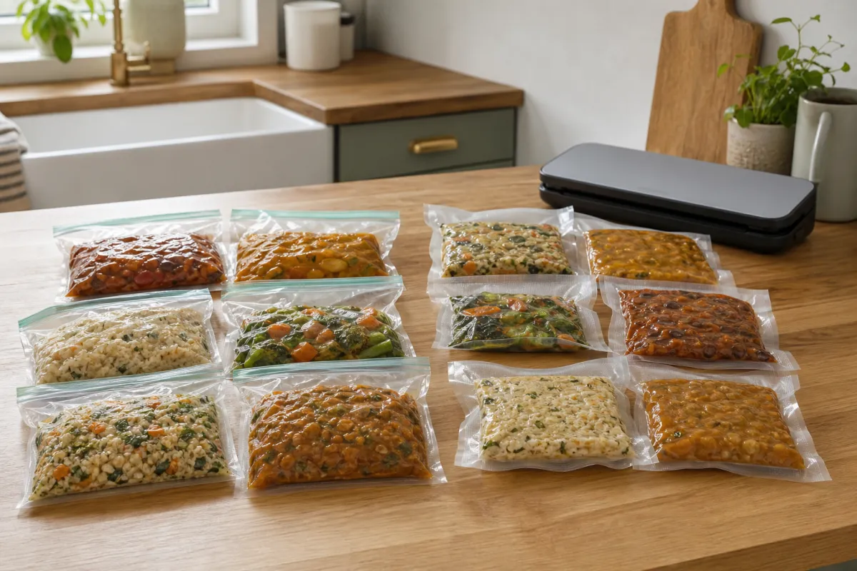 Batch-cooked food portions packed in ordinary freezer bags and vacuum-sealed bags beside a compact kitchen sealer