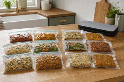 Batch-cooked food portions packed in ordinary freezer bags and vacuum-sealed bags beside a compact kitchen sealer