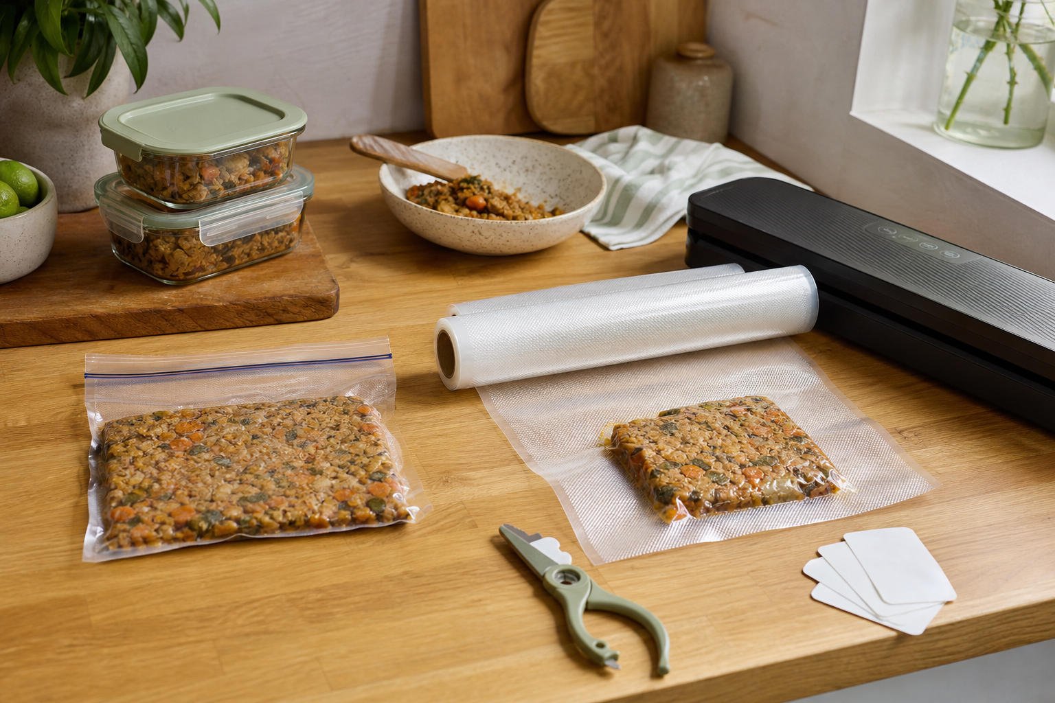 Cooled batch-cooked portions being packed into a freezer bag and a cut-to-length vacuum sealer roll