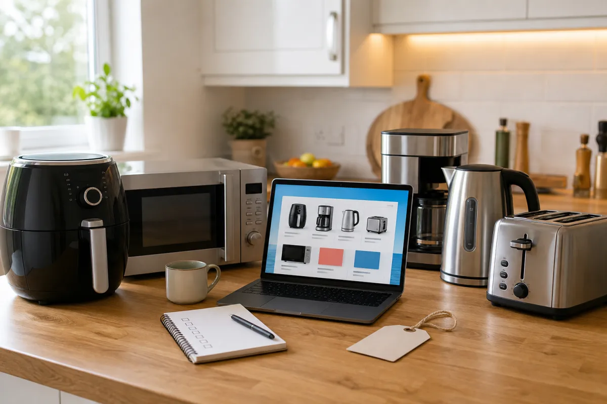 Kitchen appliances on a worktop beside a laptop sale page, checklist notebook and blank discount tag