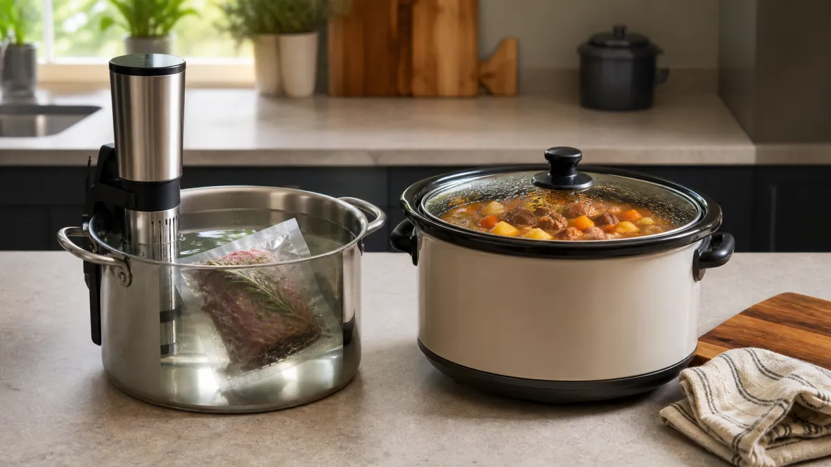 Sous vide immersion circulator with a sealed food pouch in a water bath beside a slow cooker containing a stew
