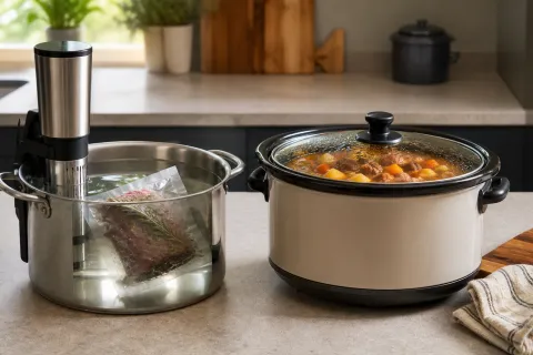 Sous vide immersion circulator with a sealed food pouch in a water bath beside a slow cooker containing a stew