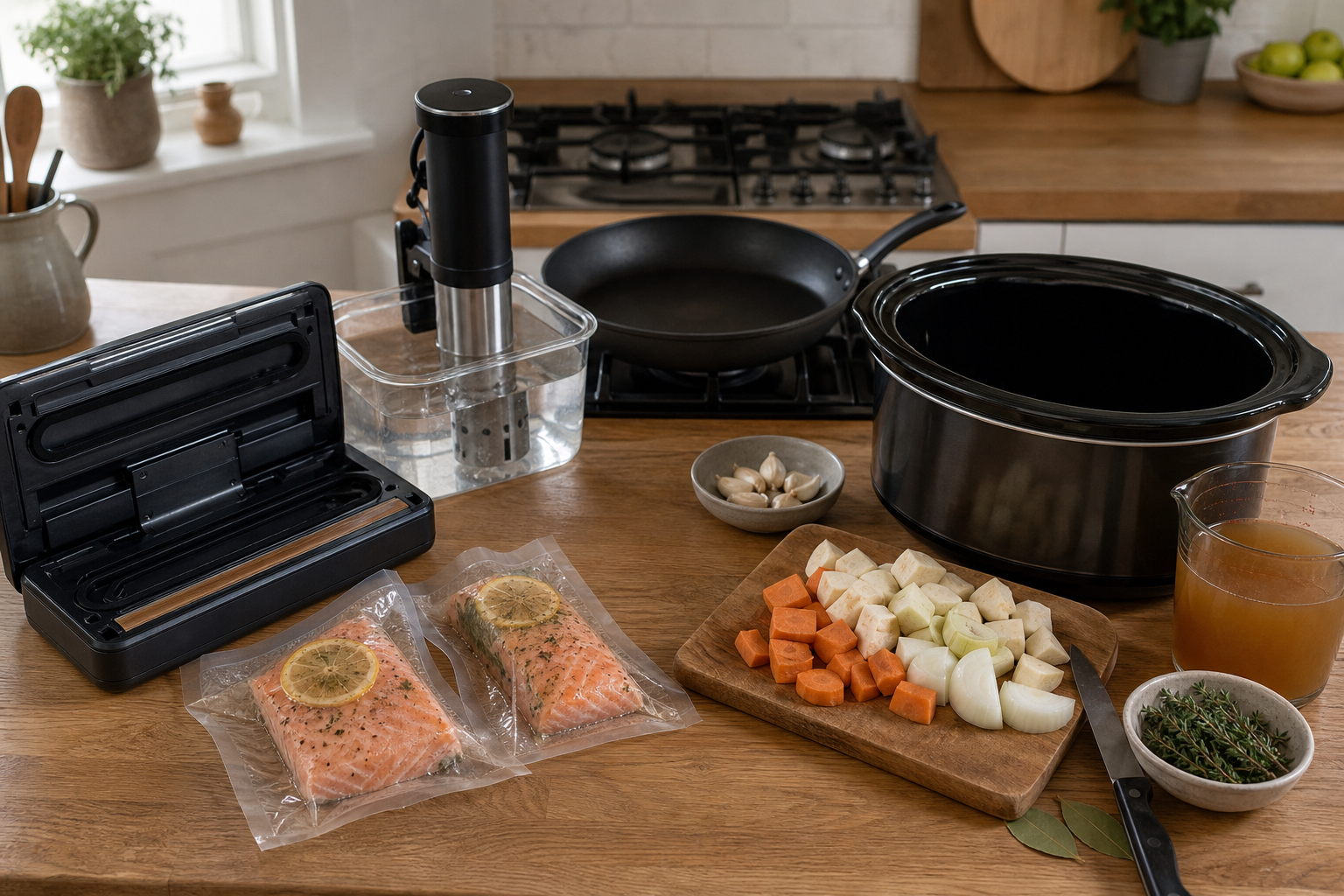 Sealed sous vide portions and an immersion circulator beside chopped vegetables, stock and a slow cooker crock