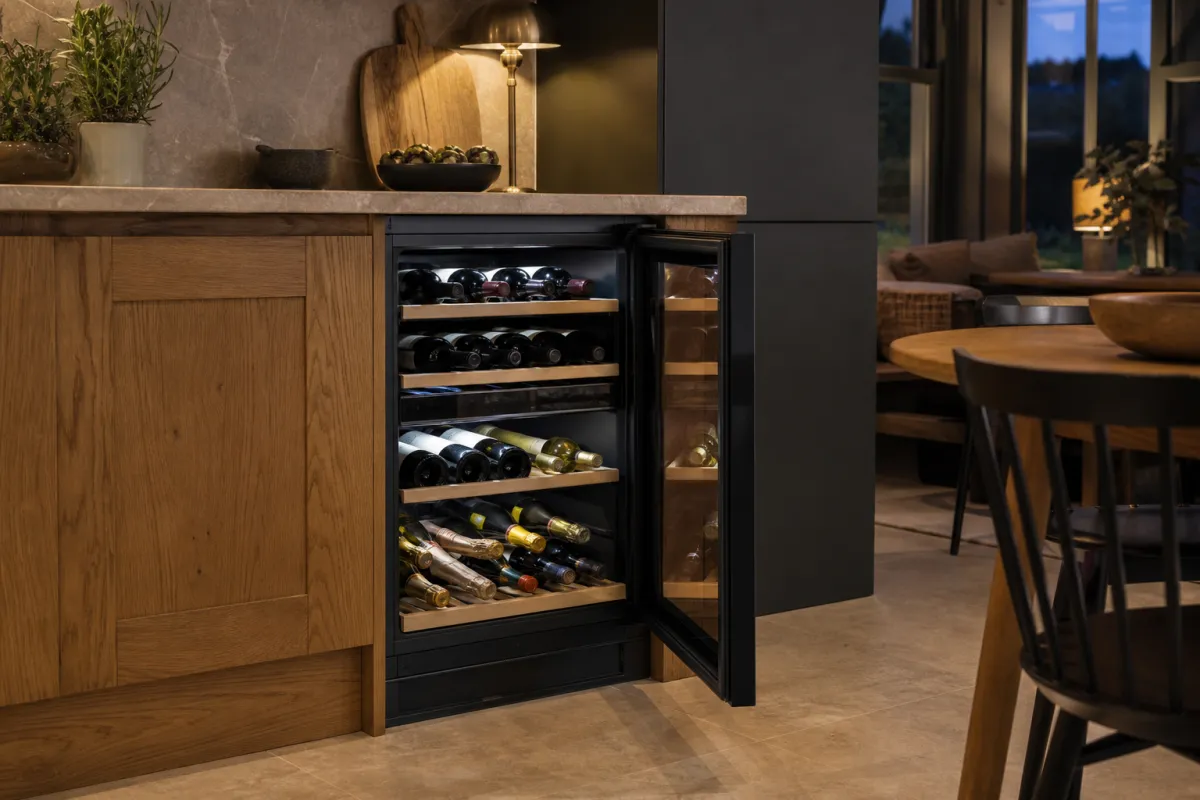 An open undercounter wine fridge with mixed bottles on wooden shelves in a warm kitchen and dining space