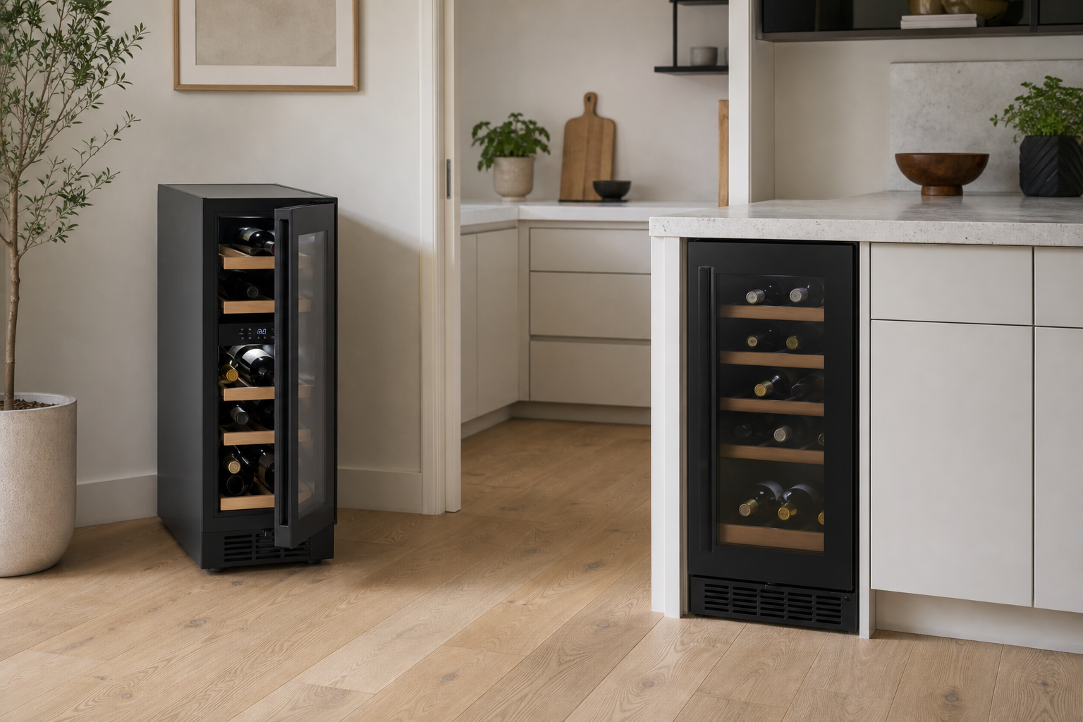 A freestanding wine fridge with its door open beside a correctly fitted built-under wine fridge with front ventilation