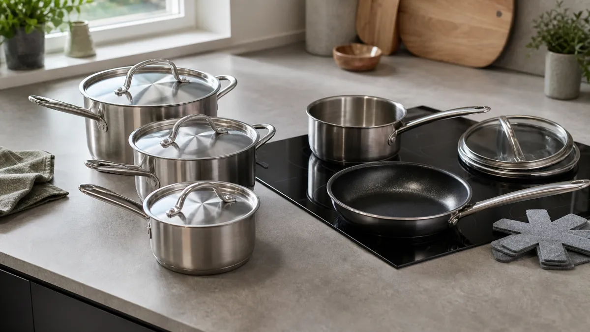A matching saucepan set beside an individual saucepan and non-stick frying pan on an induction hob